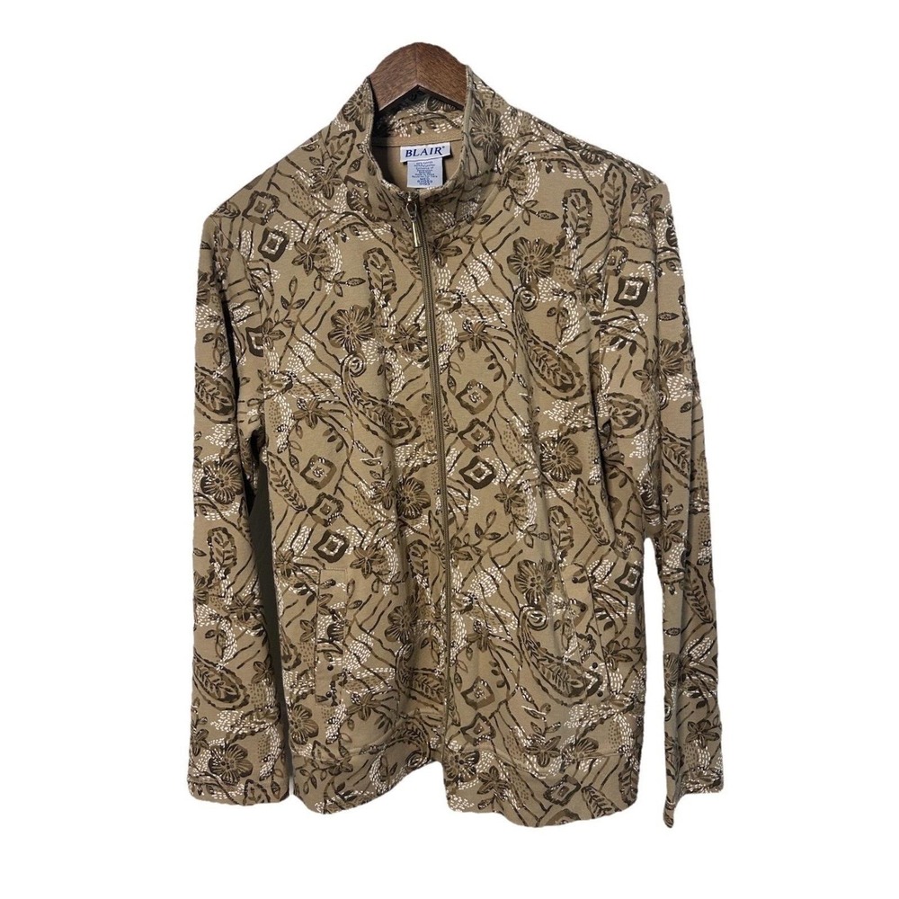 Vintage BLAIR Women Medium Floral Paisley Brown Mock Neck Jacket Neutral Granola